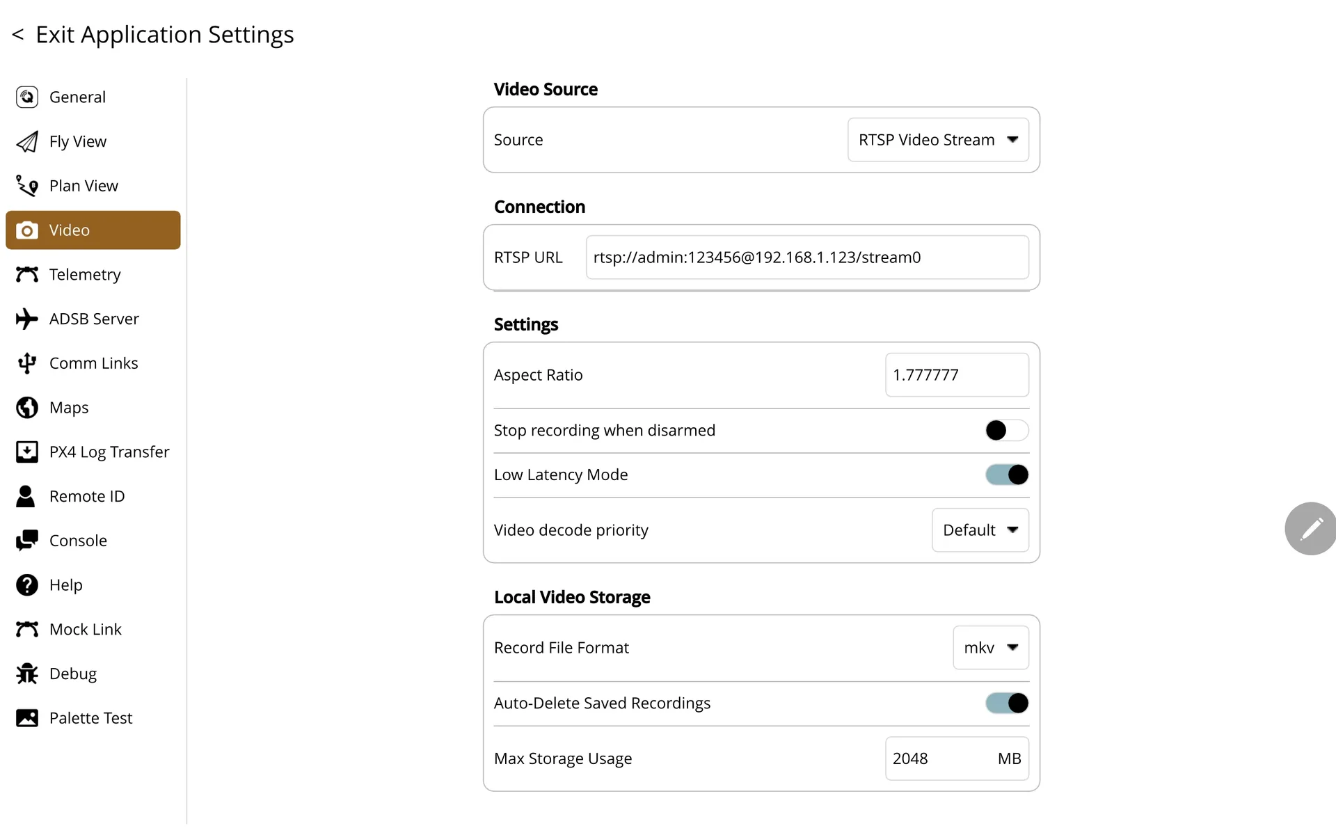 QGC video configuration on an Android tablet